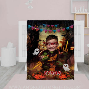 Blankets Personalized Turtle Ninja Halloween Blanket | Custom Face & Name Halloween Blanket For Boys