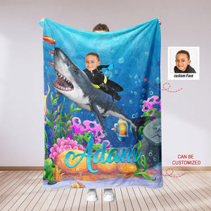 Blankets Personalized Under The Sea Boy Riding A Shark Blanket | Custom Face & Name Boy Shark Blanket,  Customized Blanket