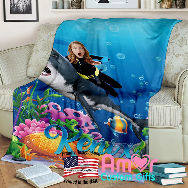 Personalized Under The Sea Girl Riding A Shark Blanket