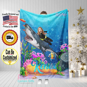 Blankets Personalized Under The Sea Girl Riding A Shark Blanket | Custom Face & Name Girl Shark Blanket,  Customized Blanket