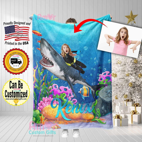 Blankets Personalized Under The Sea Girl Riding A Shark Blanket | Custom Face & Name Girl Shark Blanket,  Customized Blanket