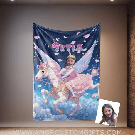 Blankets Personalized Unicorn Girl 1 Photo Blanket | Custom Name & Face Girl Princess Blanket