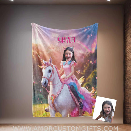 Blankets Personalized Unicorn Girl 2 Pink Dress Rainbow Photo Blanket | Custom Name & Face Girl Princess Blanket