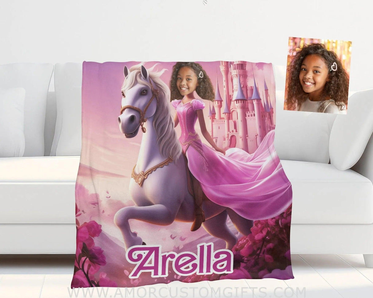 Blankets Personalized Unicorn Girl Brown Barbi Princess In Pink Blanket | Custom Name & Face Girl Blanket