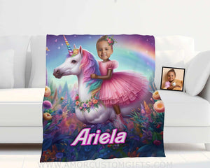 Blankets Personalized Unicorn Girl Brown Barbie Princess In Pink Blanket | Custom Name & Face Girl Blanket