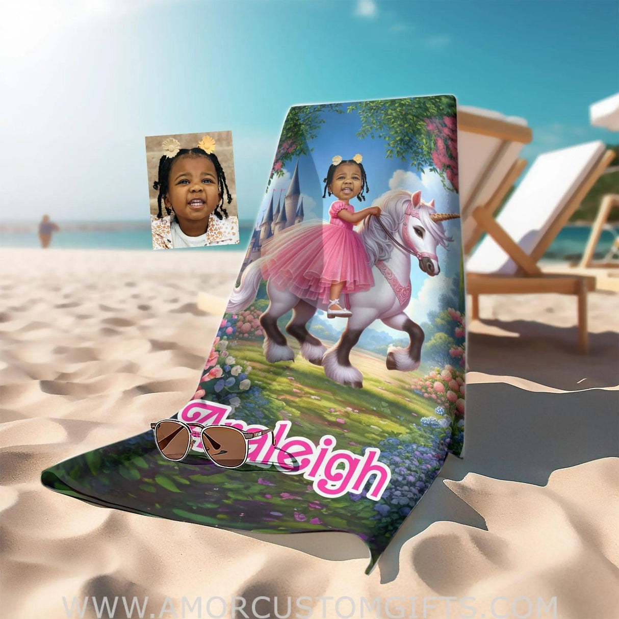 Towels Personalized Unicorn Girl Photo Beach Towel | Customized Brown Barbie Girl In Pink Beach Towel