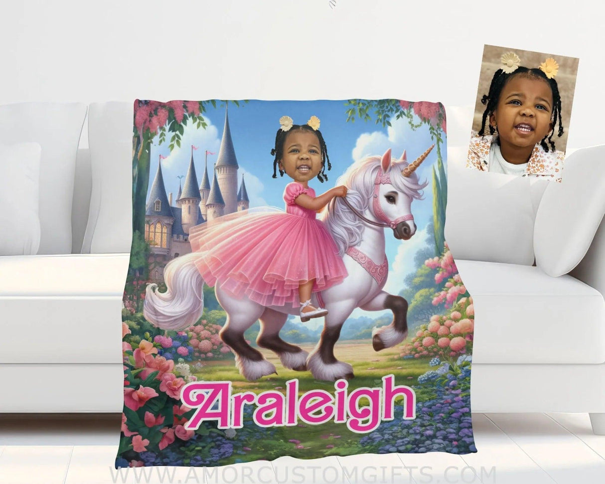 Blankets Personalized Unicorn Girl Photo Blanket | Customized Brown Barbie Girl In Pink Blanket