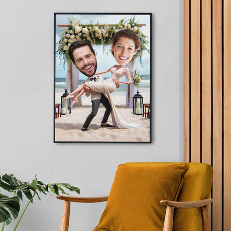 Posters, Prints, & Visual Artwork Personalized Valentine Couple Cartoon Portrait Wedding At The Beach - Custom Photo & Name Poster Canvas Print