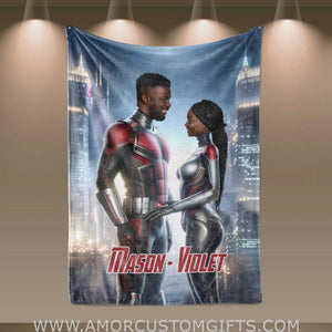 Blankets Personalized Valentine Day's Antman Couple Loving Blanket | Custom Face & Name Couple Blanket