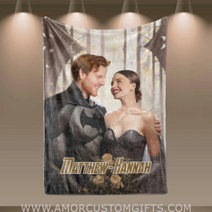 Blankets Personalized Valentine Day's Batman Girl Wedding Blanket | Custom Face & Name Couple Blanket