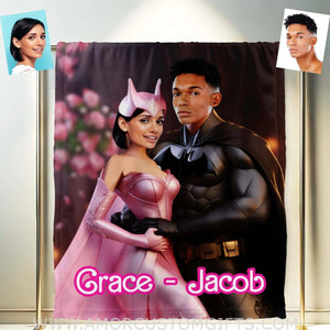 Blankets Personalized Valentine Day's Batman Barbi 2 Blanket | Custom Face & Name Couple Blanket