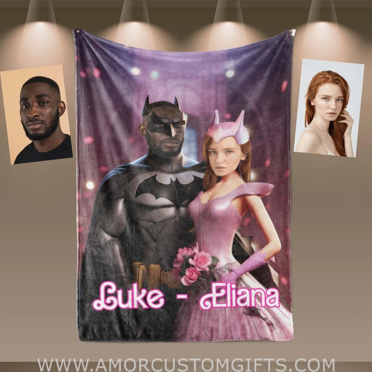 Blankets Personalized Valentine Day's Batman Barbi 3 Blanket | Custom Face & Name Couple Blanket