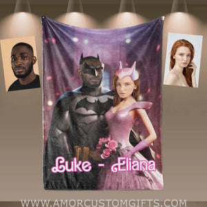 Blankets Personalized Valentine Day's Batman Barbi 3 Blanket | Custom Face & Name Couple Blanket