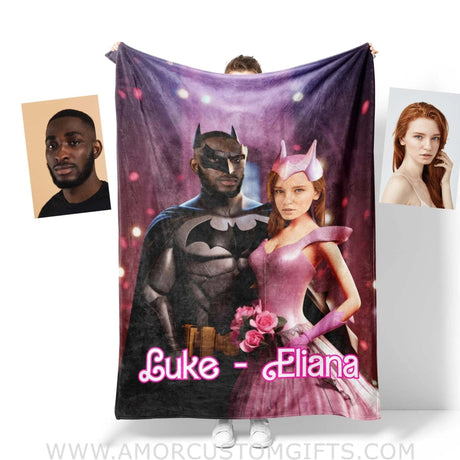 Blankets Personalized Valentine Day's Batman Barbi 3 Blanket | Custom Face & Name Couple Blanket