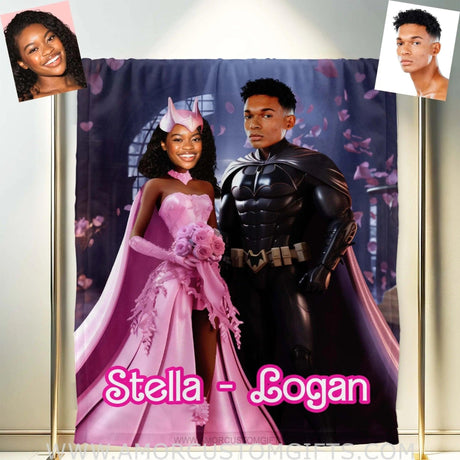 Blankets Personalized Valentine Day's Batman Barbi Blanket | Custom Face & Name Couple Blanket