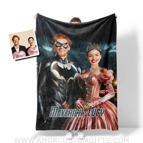 Blankets Personalized Valentine Day's Batman Princess Blanket | Custom Face & Name Couple Blanket