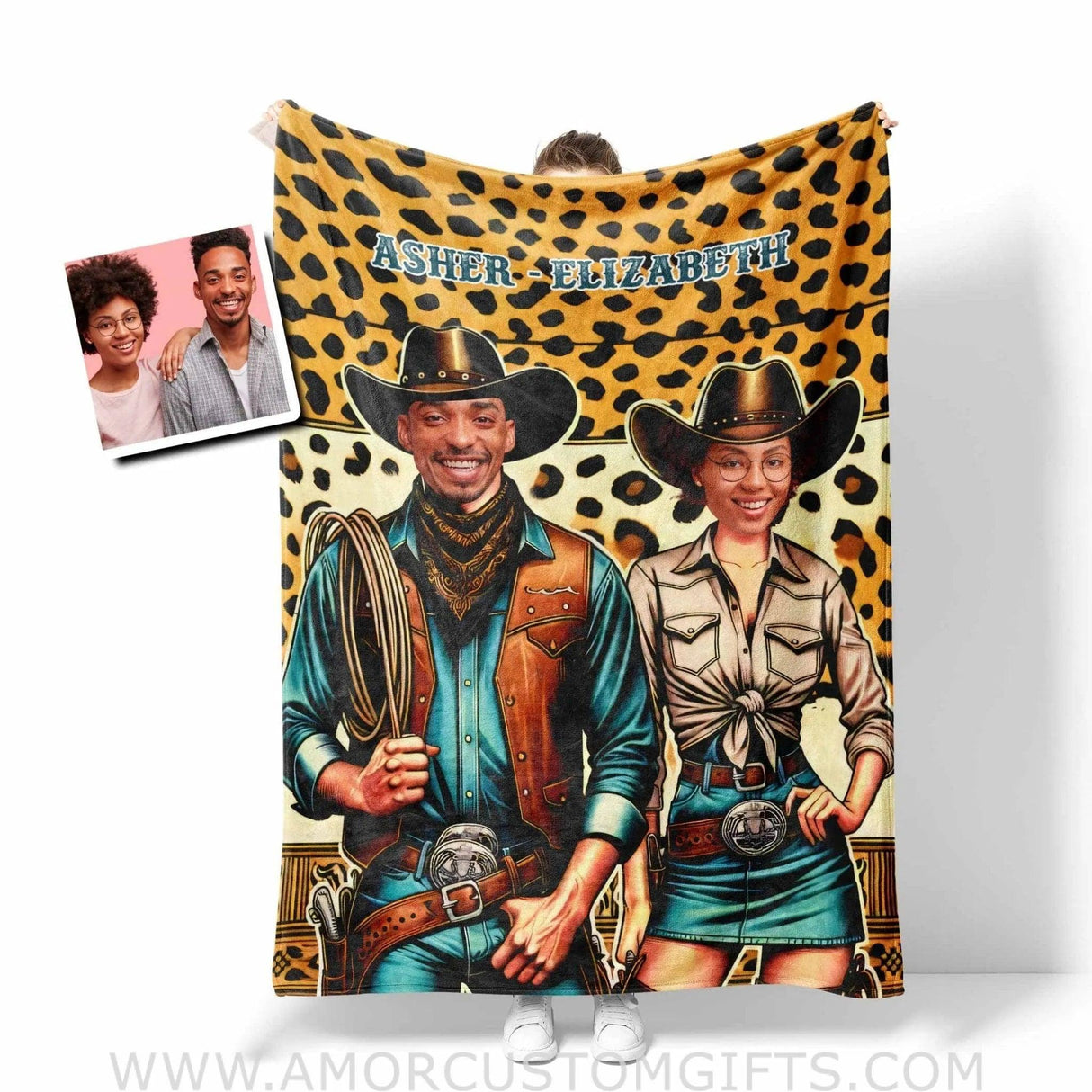 Blankets Personalized Valentine Day's Cowboy Couple Blanket | Custom Face & Name Couple Blanket