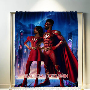 Blankets Personalized Valentine Day's Red Superhero Flash Couple In Vivid City Blanket | Custom Face & Name Couple Blanket