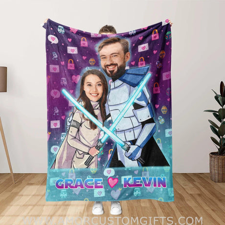 Blankets Personalized Valentine Day's Star Wars Couple Blanket | Custom Face & Name Couple Blanket