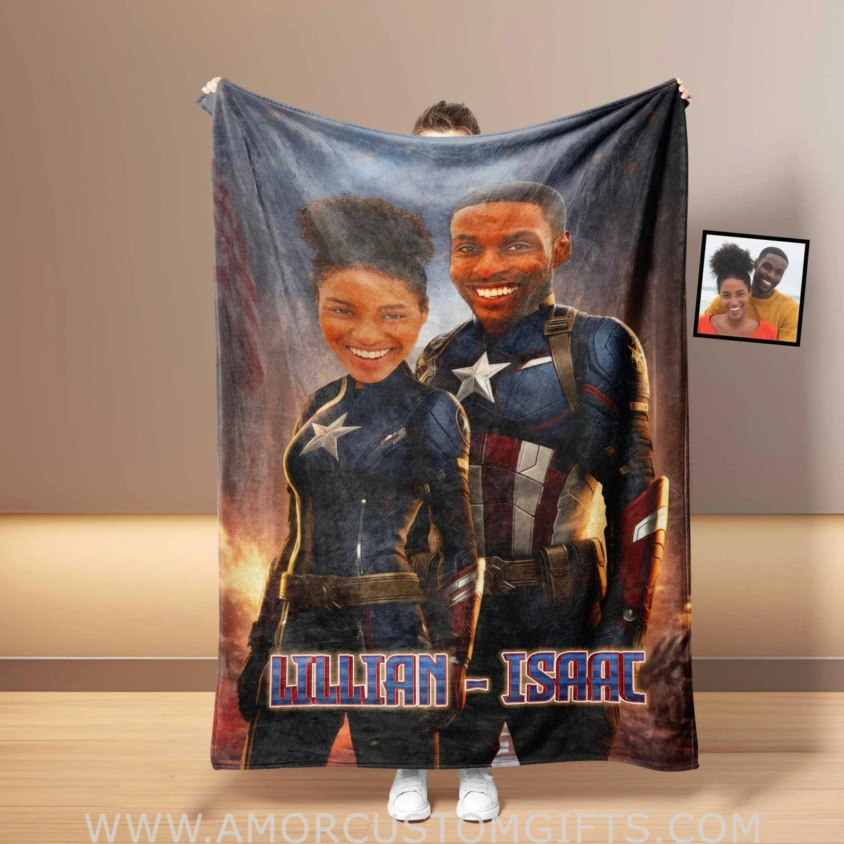 Blankets Personalized Valentine's Day Captain America Couple Blanket | Custom Face & Name Couple Blanket