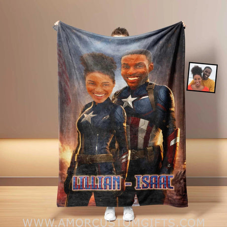 Blankets Personalized Valentine's Day Captain America Couple Blanket | Custom Face & Name Couple Blanket