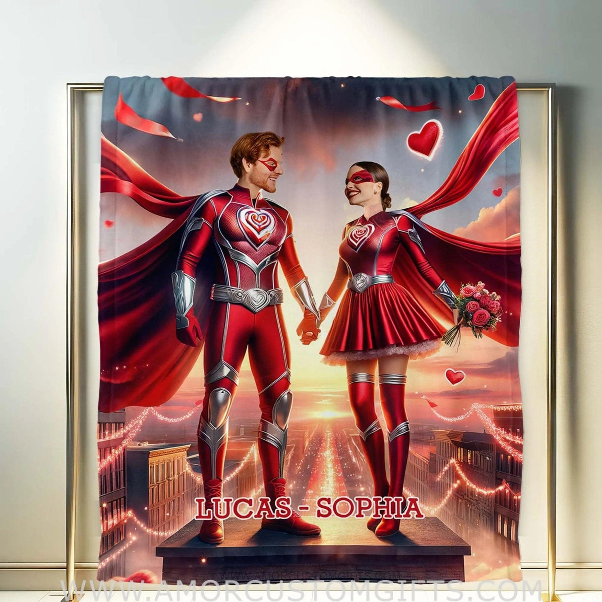 Blankets Personalized Valentine's Day Red Superhero Couple Blanket | Custom Face & Name Couple Blanket