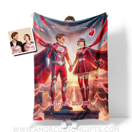 Blankets Personalized Valentine's Day Red Superhero Couple Blanket | Custom Face & Name Couple Blanket