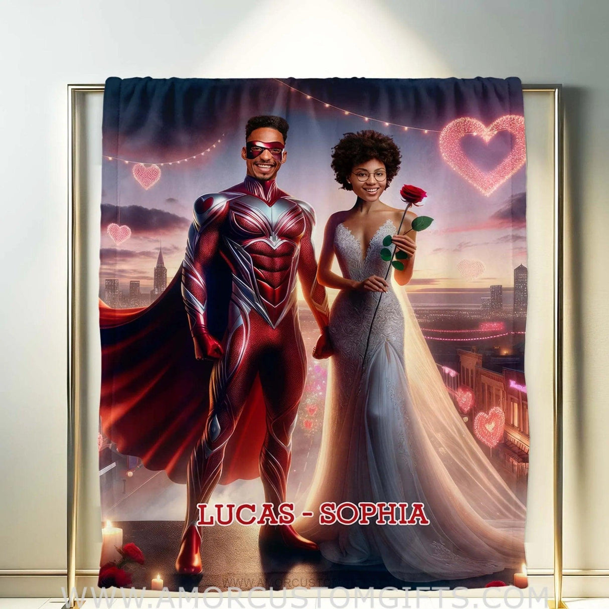 Blankets Personalized Valentine's Day Red Superhero Couple Love City Blanket | Custom Face & Name Couple Blanket