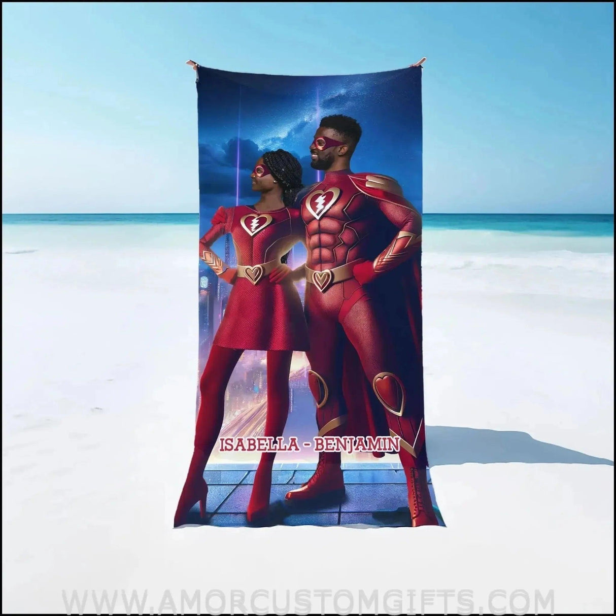 Towels Personalized Valentine's Day Red Superhero Flash Couple In Vivid City Beach Towel | Customized Superhero Theme Pool Towel