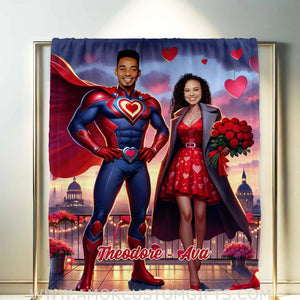 Blankets Personalized Valentine's Day Red Superman Couple Love City Blanket | Custom Face & Name Couple Blanket