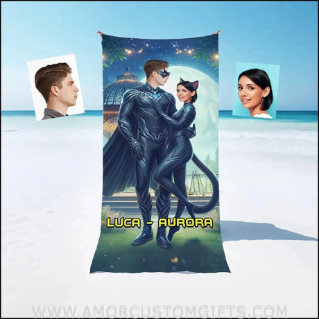 Towels Personalized Valentine's Day Superhero Couple Beach Towel | Customized Bat Guy & Cat Lady Bath Towel