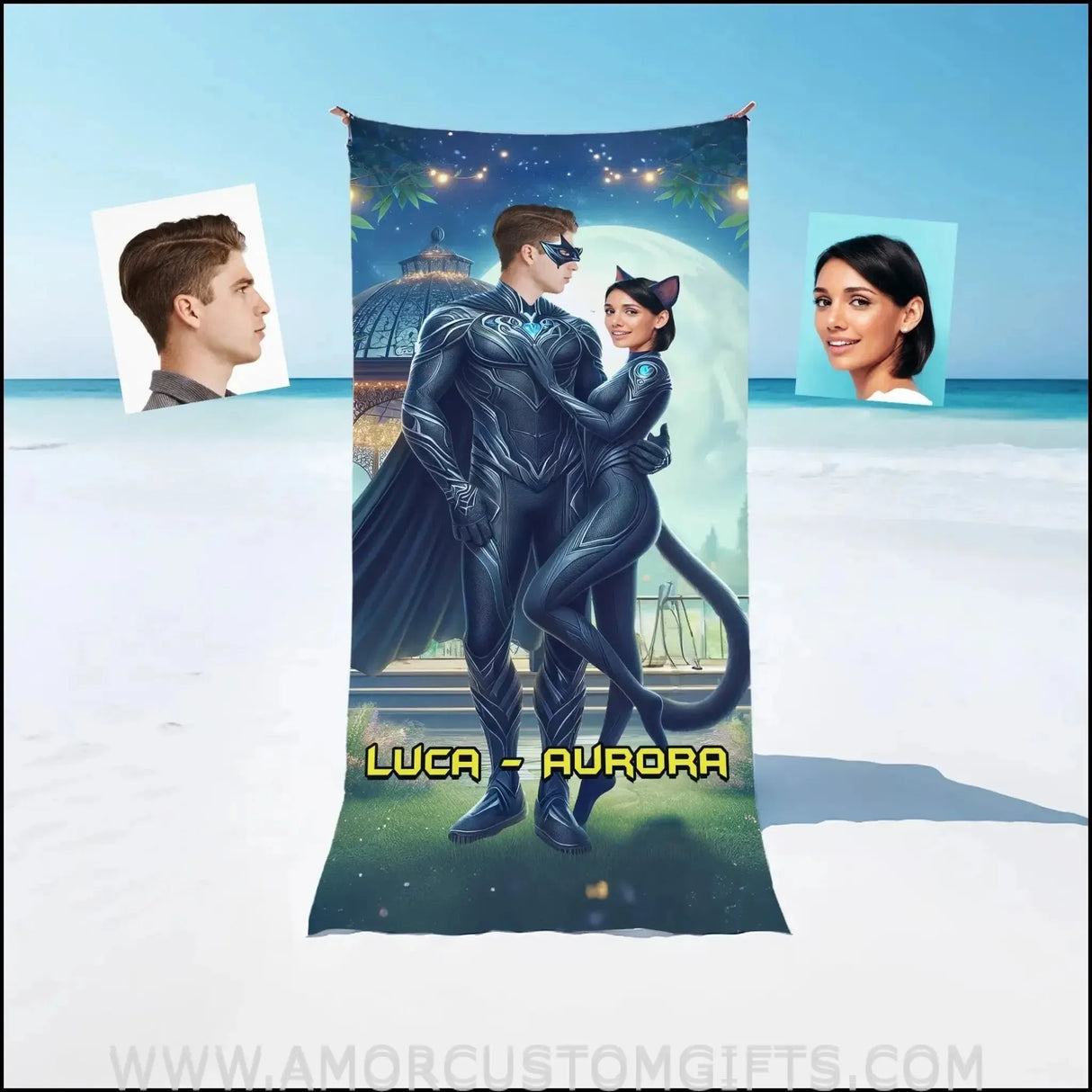 Towels Personalized Valentine's Day Superhero Couple Beach Towel | Customized Bat Guy & Cat Lady Bath Towel