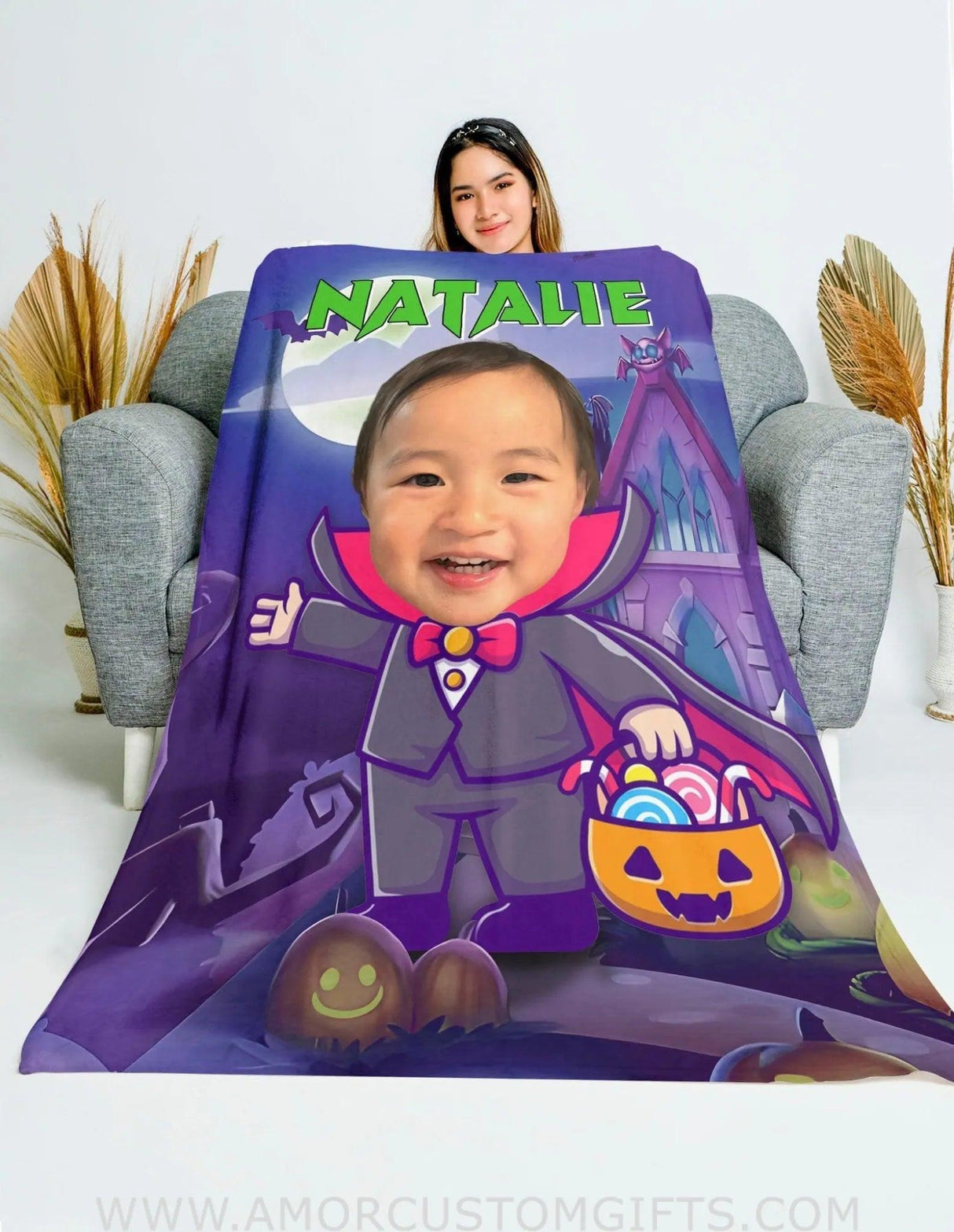 Blankets Personalized Vampire Girl Halloween Blanket | Custom Face & Name Girl Blanket