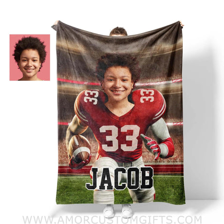 Blankets Personalized NCAA Wisconsin Football Boy Badgers Photo Blanket | Custom Name & Face Boy Blanket