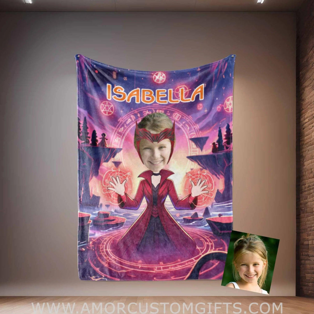 Blankets Personalized Witch Girl Wanda 2 Photo Blanket | Custom Face & Name Blanket For Girls