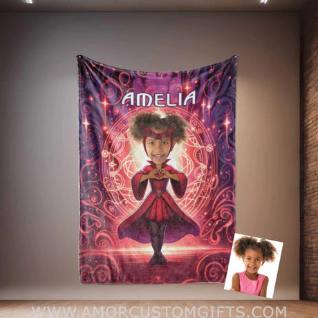 Blankets Personalized Witch Girl Wanda 3 Photo Blanket | Custom Face & Name Blanket For Girls