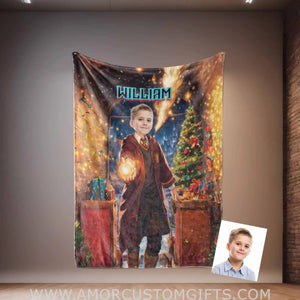 Blankets Personalized Wizard Boy 3 Xmas Blanket | Custom Face & Name Blanket For Boys