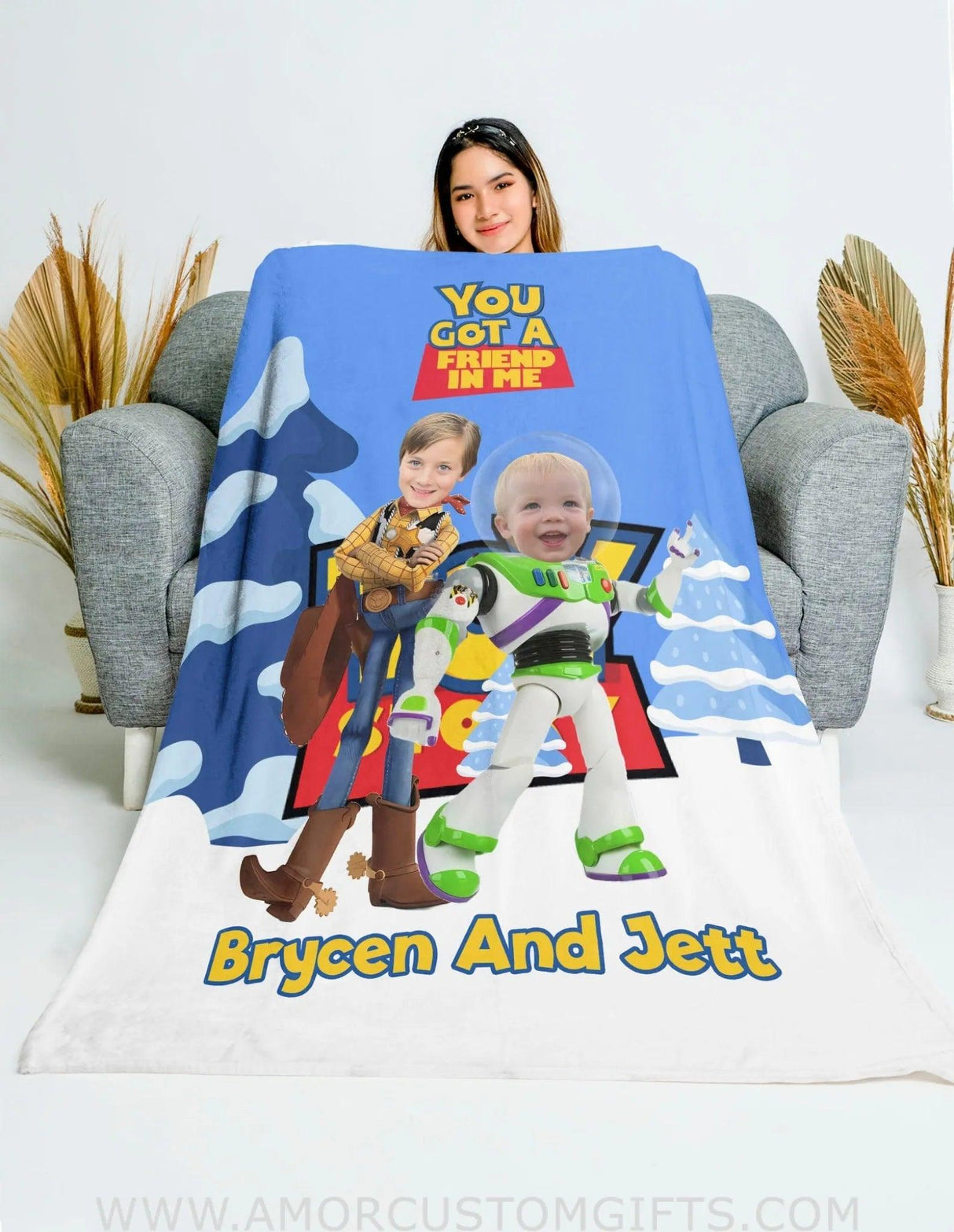 Blankets Personalized Woody & Buzz Photo Blanket | Custom Name & Face Boy Blanket