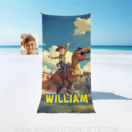 Towels Personalized Woody Riding T-Rex Dino Boy Photo Beach Towel