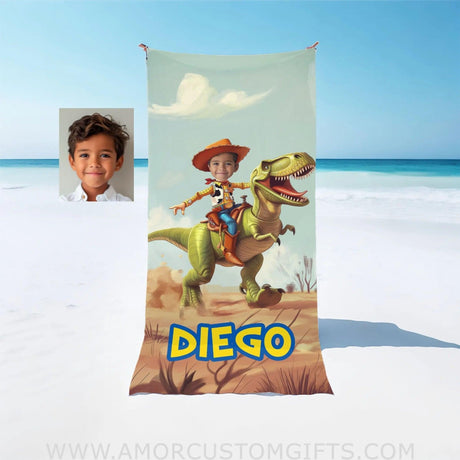 Towels Personalized Woody Riding T-Rex Dino Boy Photo Beach Towel