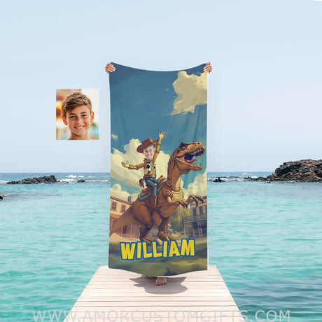 Towels Personalized Woody Riding T-Rex Dino Boy Photo Beach Towel