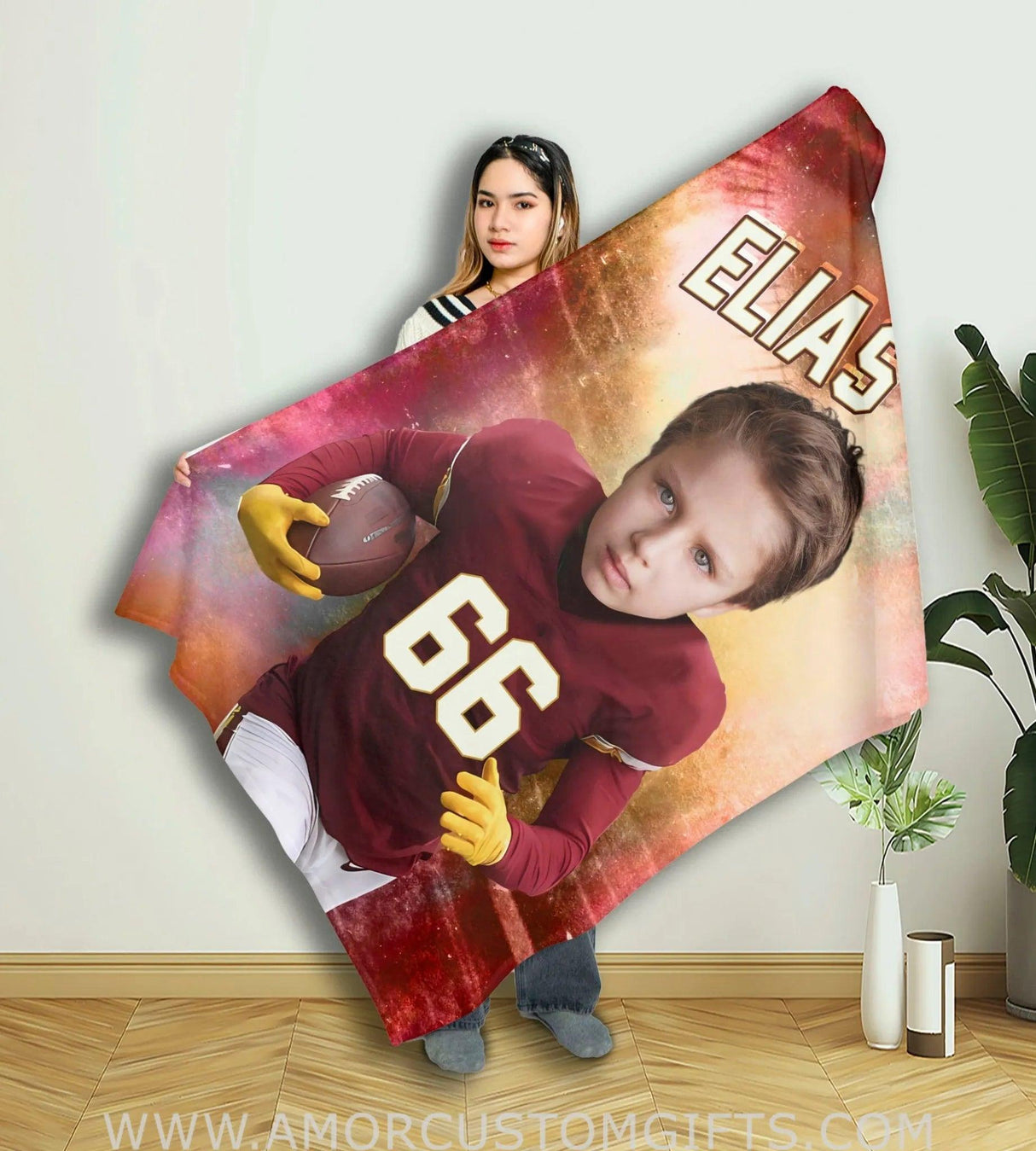 Blankets Personalized WS Football Commanders Boy Blanket | Custom Face & Name Football Boys Blanket