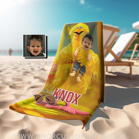 Personalized Yellow Big Bird Sesame Boy Photo Beach Towel Towels