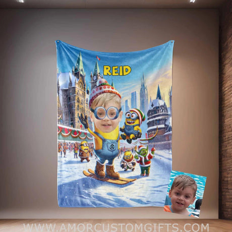 Blankets Personalized Yellow Mini Onion Boy 2 Photo Blanket | Custom Face & Name Blanket For Boys