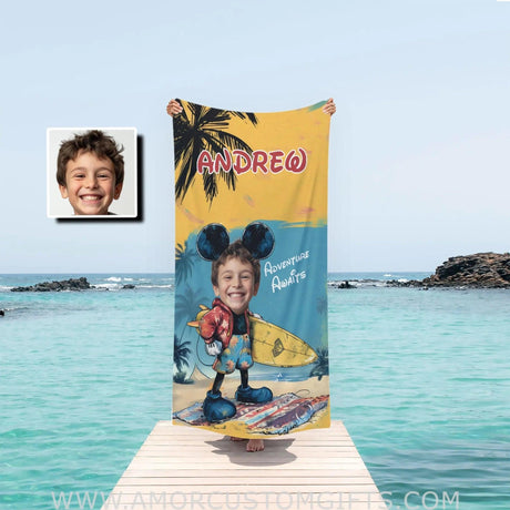 Towels Personalized Yellow Retro Cartoon Mouse Boy On Summer Day Photo Beach Towel