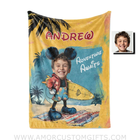 Blankets Personalized Yellow Retro Cartoon Mouse Boy On Summer Day Photo Blanket