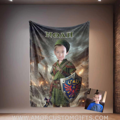 Blankets Personalized Zelda Green Boy Blanket | Custom Face & Name Boy Photo Blanket