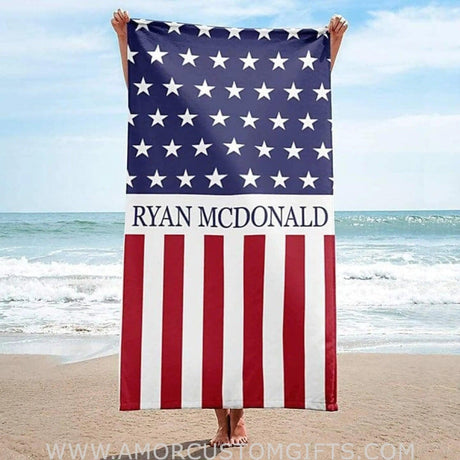 Towels US Flag 4th of July Personalized Beach Towel With Name Outside Birthday Vacation Gift