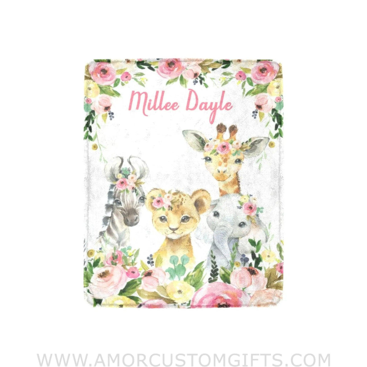 Usa Made Animals Floral Girl Name Blanket Blush Pink Flowers Personalized Safari Jungle Baby