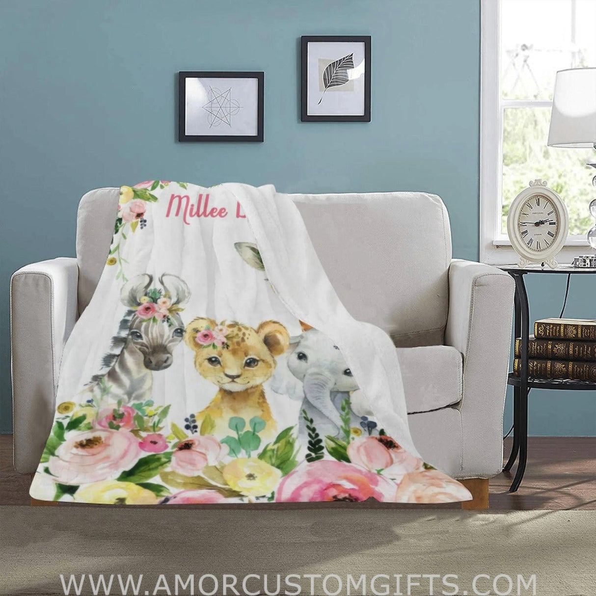 Usa Made Animals Floral Girl Name Blanket Blush Pink Flowers Personalized Safari Jungle Baby